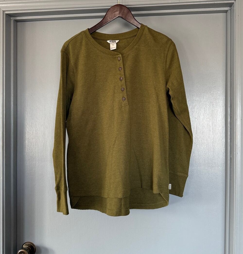 Duluth Trading Mens Thermal Henley Shirt XL Relaxed Fit Waffle Knit Olive Green